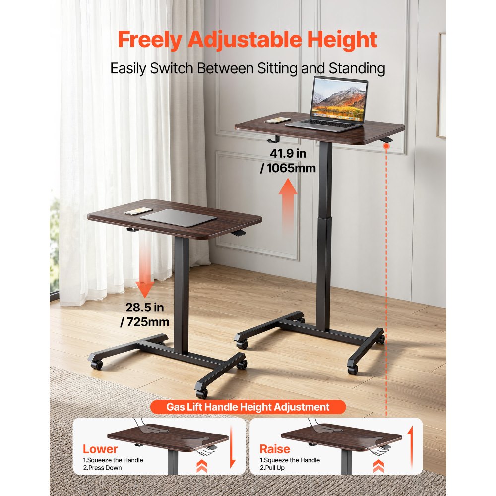 VEVOR Standing Desk, Adjustable Height Mobile Stand Up Desk with 4 Casters, 25.6 x 19 in Small Computer Sit Stand
