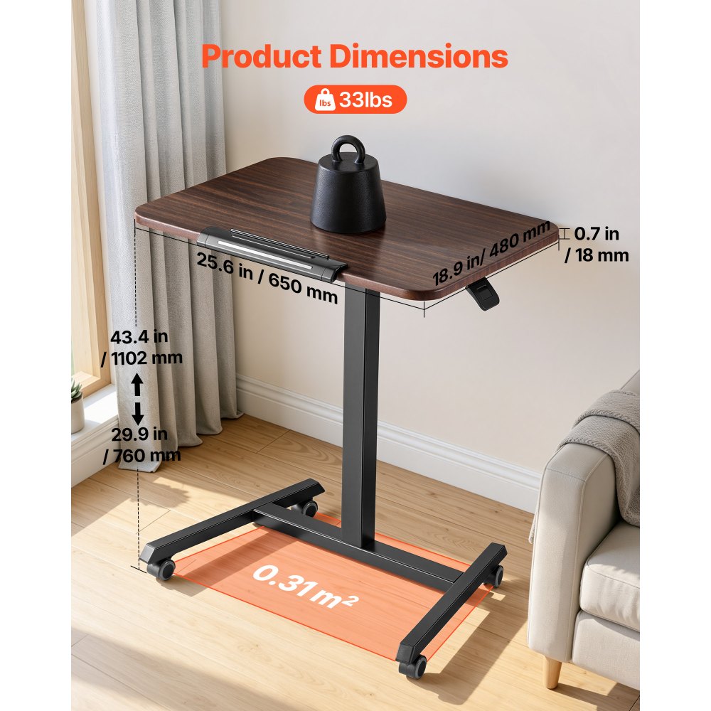 VEVOR Standing Desk, Adjustable Height Mobile Stand Up Desk with Tilting Desktop, 25.6 x 19 in Small Computer Sit Stand