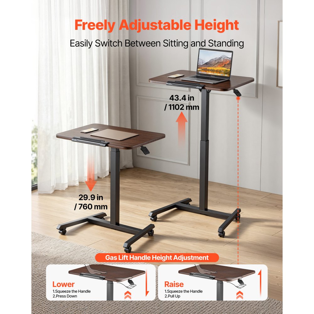 VEVOR Standing Desk, Adjustable Height Mobile Stand Up Desk with Tilting Desktop, 25.6 x 19 in Small Computer Sit Stand