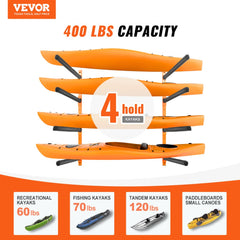 VEVOR Wall Kayak Storage Rack, 4-Capacity Wall Mounted Kayak Holders for Kayak Canoe Paddle Board, Kayak Storage Hooks