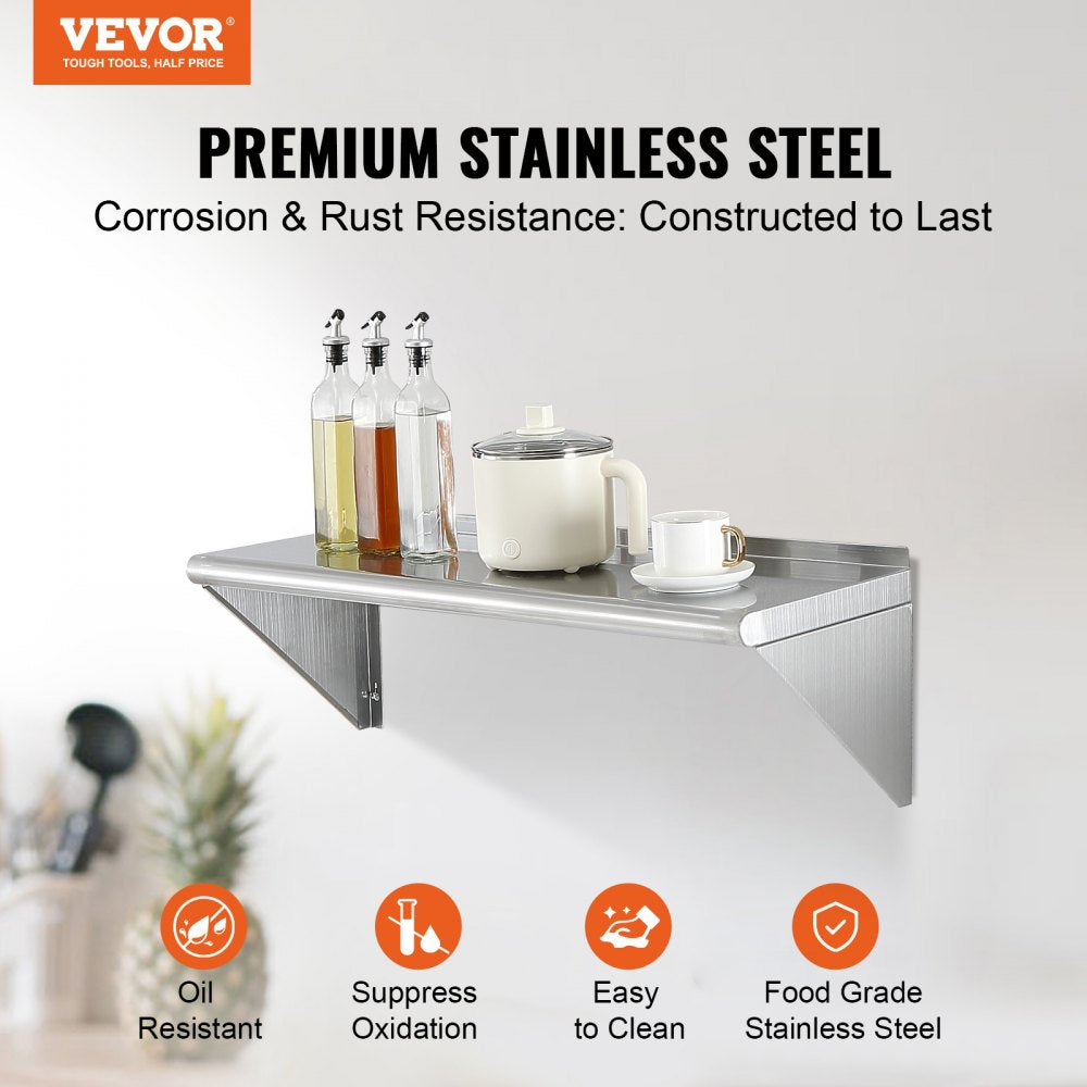 VEVOR 12" x 36" Stainless Steel Shelf, Wall Mounted Floating Shelving with Brackets, 250 lbs Load Capacity Commercial