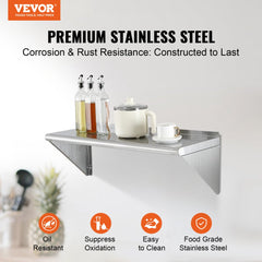 VEVOR 12" x 36" Stainless Steel Shelf, Wall Mounted Floating Shelving with Brackets, 250 lbs Load Capacity Commercial