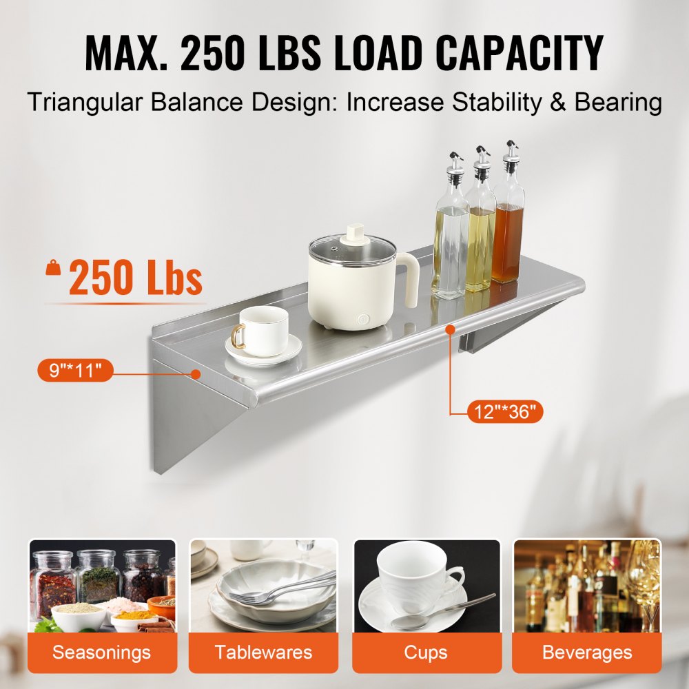 VEVOR 12" x 36" Stainless Steel Shelf, Wall Mounted Floating Shelving with Brackets, 250 lbs Load Capacity Commercial