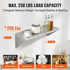 VEVOR 12" x 36" Stainless Steel Shelf, Wall Mounted Floating Shelving with Brackets, 250 lbs Load Capacity Commercial