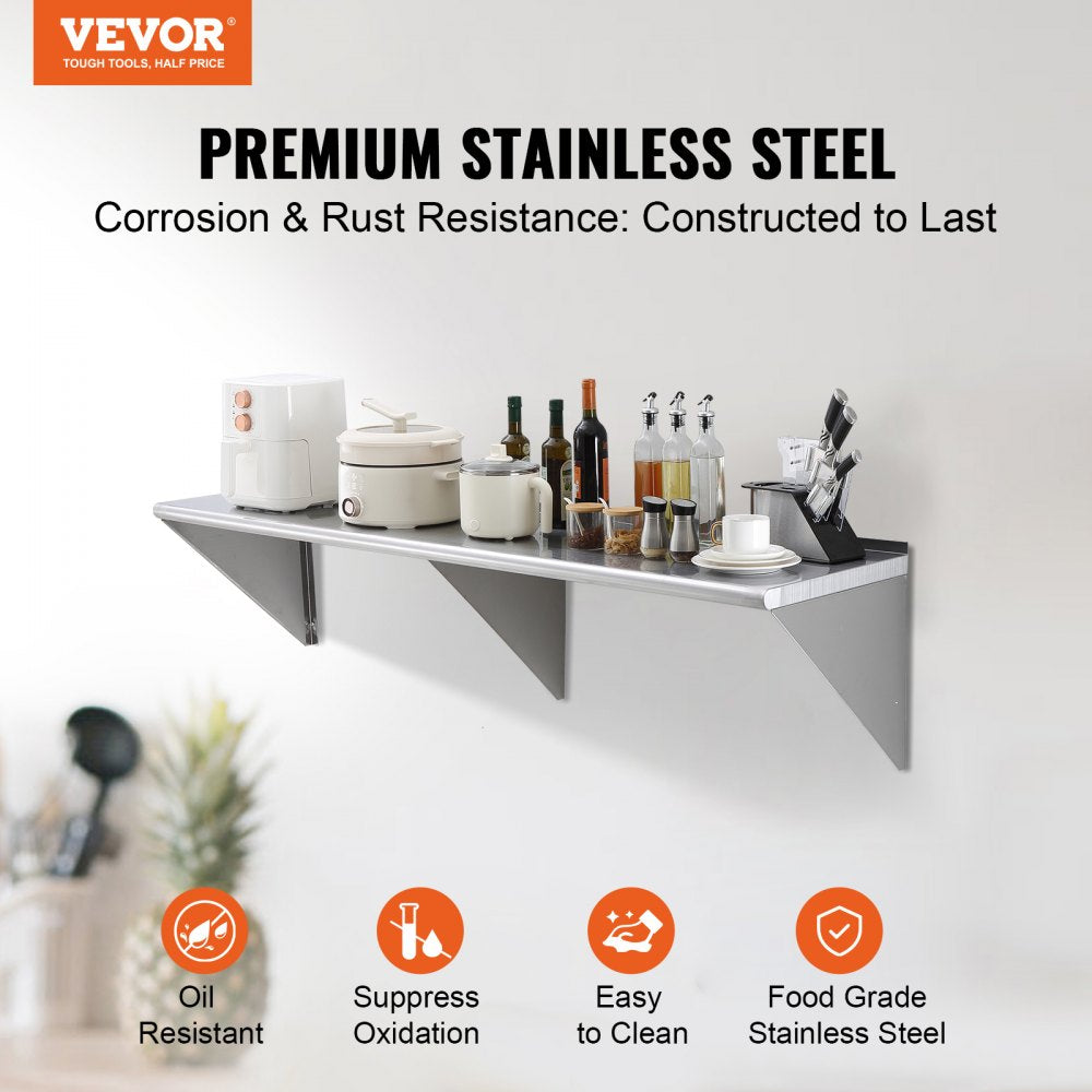 VEVOR 18" x 72" Stainless Steel Shelf, Wall Mounted Floating Shelving with Brackets, 500 lbs Load Capacity Commercial