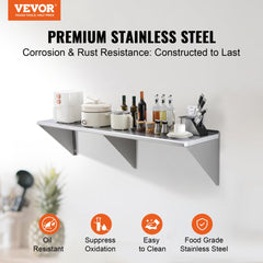 VEVOR 18" x 72" Stainless Steel Shelf, Wall Mounted Floating Shelving with Brackets, 500 lbs Load Capacity Commercial