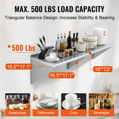 VEVOR 18" x 72" Stainless Steel Shelf, Wall Mounted Floating Shelving with Brackets, 500 lbs Load Capacity Commercial