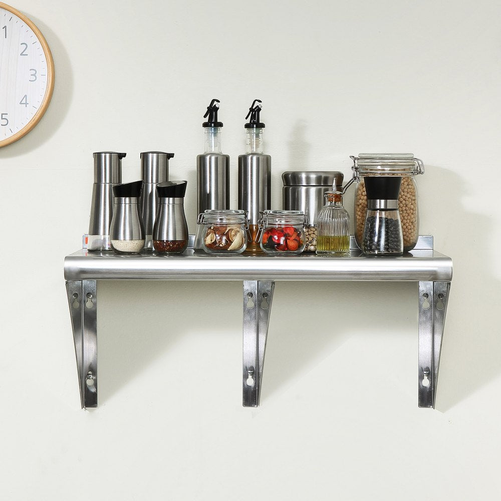 VEVOR 18" x 72" Stainless Steel Shelf, Wall Mounted Floating Shelving with Brackets, 500 lbs Load Capacity Commercial