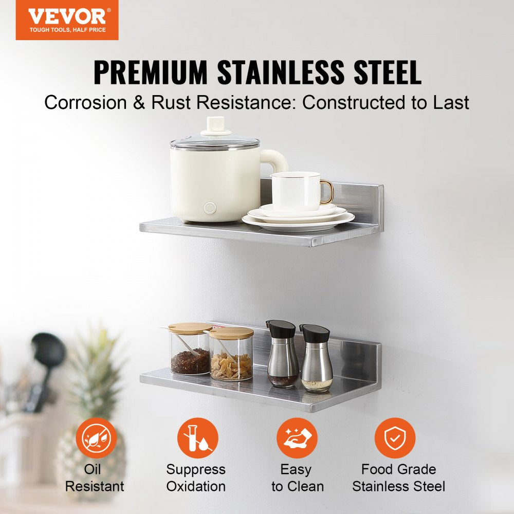 VEVOR 8.6" x 16" -2 Pack Stainless Steel Shelf, Wall Mounted Floating Shelving with Backsplash, 44 lbs Load Capacity