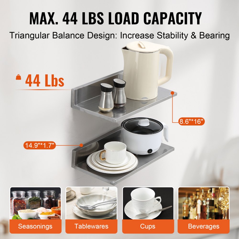 VEVOR 8.6" x 16" -2 Pack Stainless Steel Shelf, Wall Mounted Floating Shelving with Backsplash, 44 lbs Load Capacity