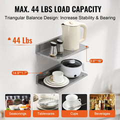 VEVOR 8.6" x 16" -2 Pack Stainless Steel Shelf, Wall Mounted Floating Shelving with Backsplash, 44 lbs Load Capacity
