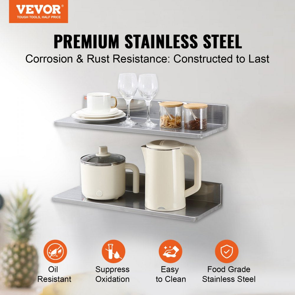 VEVOR 8.6" x 24" -2 Pack Stainless Steel Shelf, Wall Mounted Floating Shelving with Backsplash, 44 lbs Load Capacity