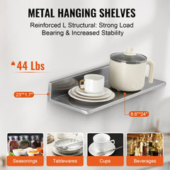 VEVOR 8.6" x 24" -2 Pack Stainless Steel Shelf, Wall Mounted Floating Shelving with Backsplash, 44 lbs Load Capacity