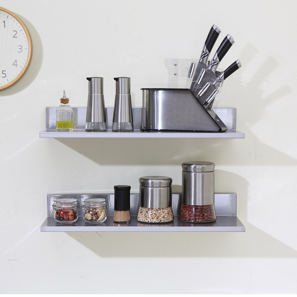 VEVOR 8.6" x 24" -2 Pack Stainless Steel Shelf, Wall Mounted Floating Shelving with Backsplash, 44 lbs Load Capacity