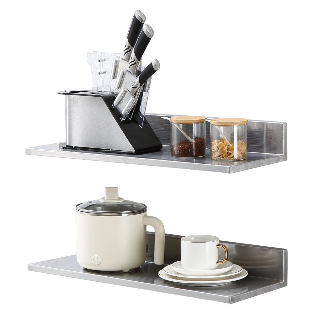 VEVOR 8.6" x 24" -2 Pack Stainless Steel Shelf, Wall Mounted Floating Shelving with Backsplash, 44 lbs Load Capacity