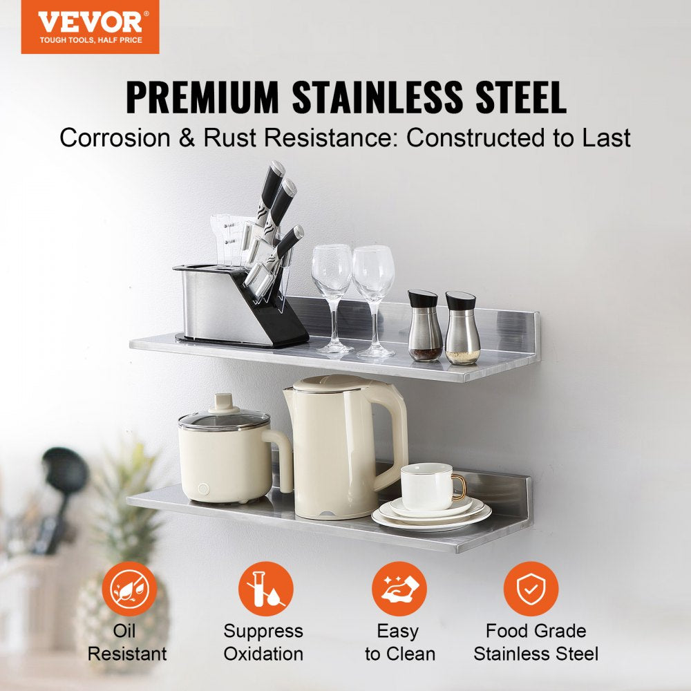 VEVOR 8.6" x 30" -2 Pack Stainless Steel Shelf, Wall Mounted Floating Shelving with Backsplash, 44 lbs Load Capacity