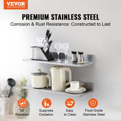 VEVOR 8.6" x 30" -2 Pack Stainless Steel Shelf, Wall Mounted Floating Shelving with Backsplash, 44 lbs Load Capacity