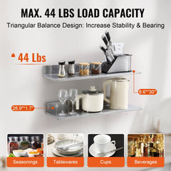 VEVOR 8.6" x 30" -2 Pack Stainless Steel Shelf, Wall Mounted Floating Shelving with Backsplash, 44 lbs Load Capacity