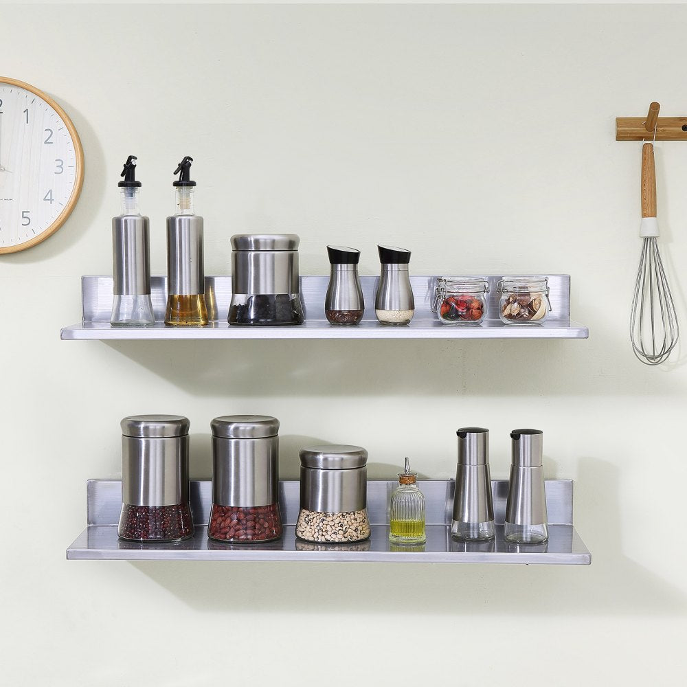 VEVOR 8.6" x 30" -2 Pack Stainless Steel Shelf, Wall Mounted Floating Shelving with Backsplash, 44 lbs Load Capacity