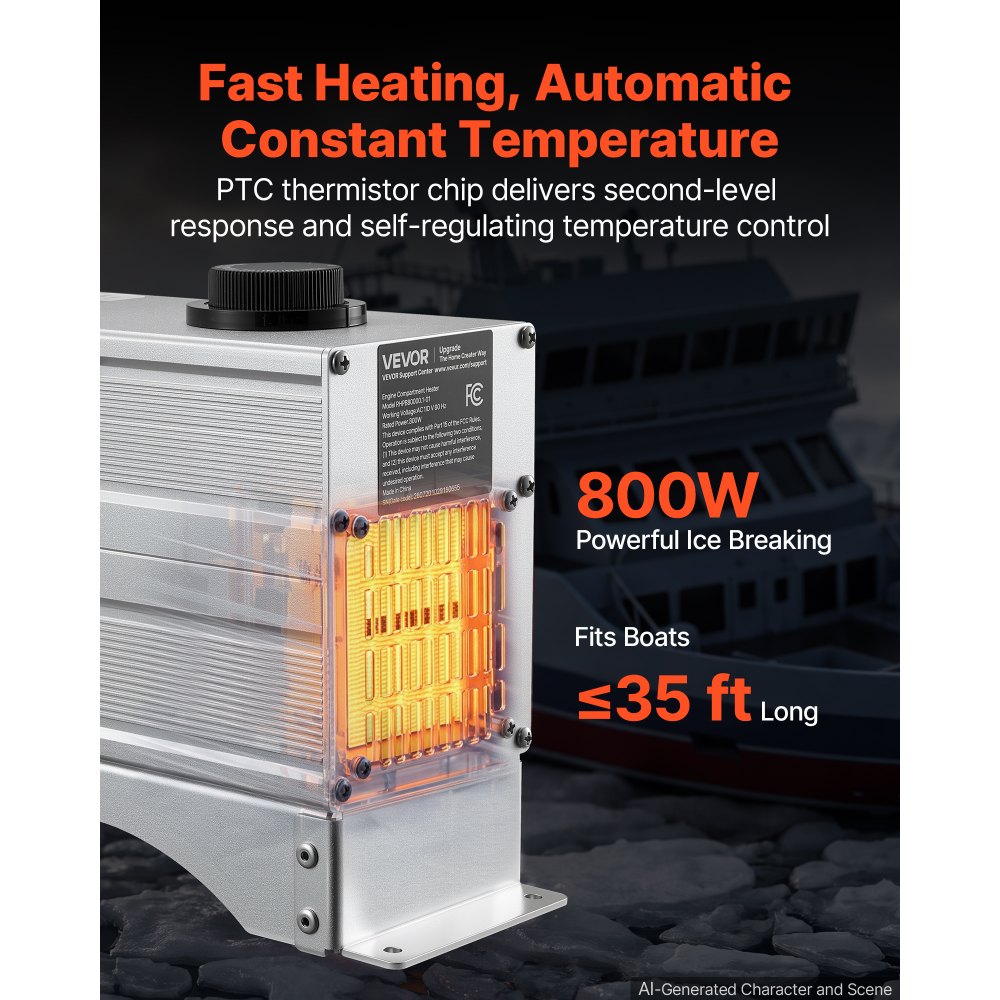 VEVOR Boat Engine Compartment Heater, 800W Bilge Heater Fit Boats Up to 35FT, Self-Regulating PTC Element & 32-104°F