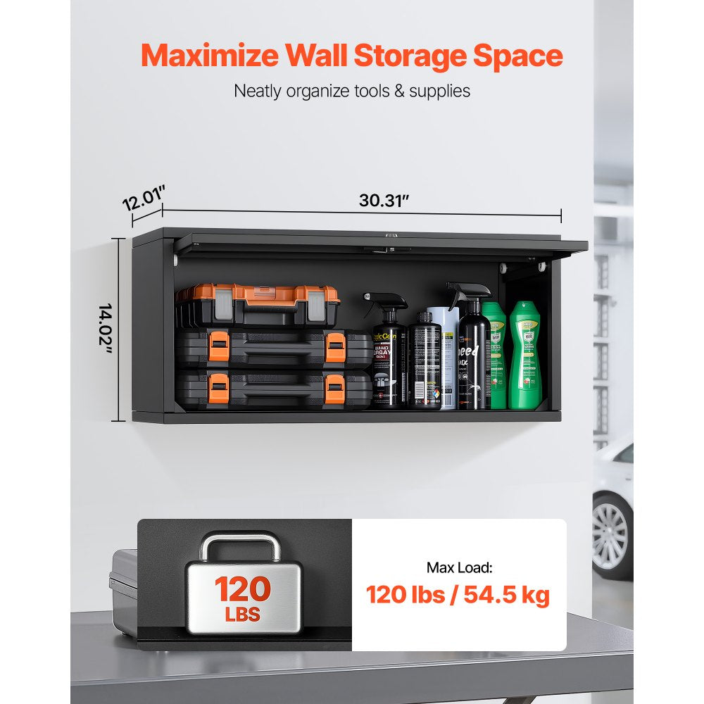 VEVOR Metal Wall Cabinet, 27.56W x 12.01D x 14.02H Inch, Floating Garage Tool Cabinet with Up-Flip Door, 120 lbs Load