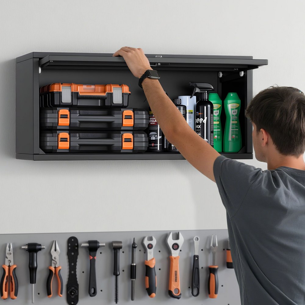 VEVOR Metal Wall Cabinet, 27.56W x 12.01D x 14.02H Inch, Floating Garage Tool Cabinet with Up-Flip Door, 120 lbs Load