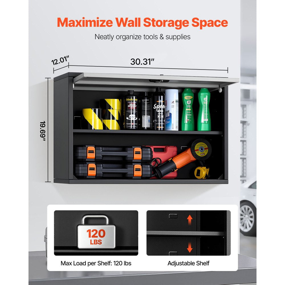 VEVOR Metal Wall Cabinet, 27.56W x 12.01D x 19.69H Inch, Floating Garage Tool Cabinet with Up-Flip Door and Shelf, 240