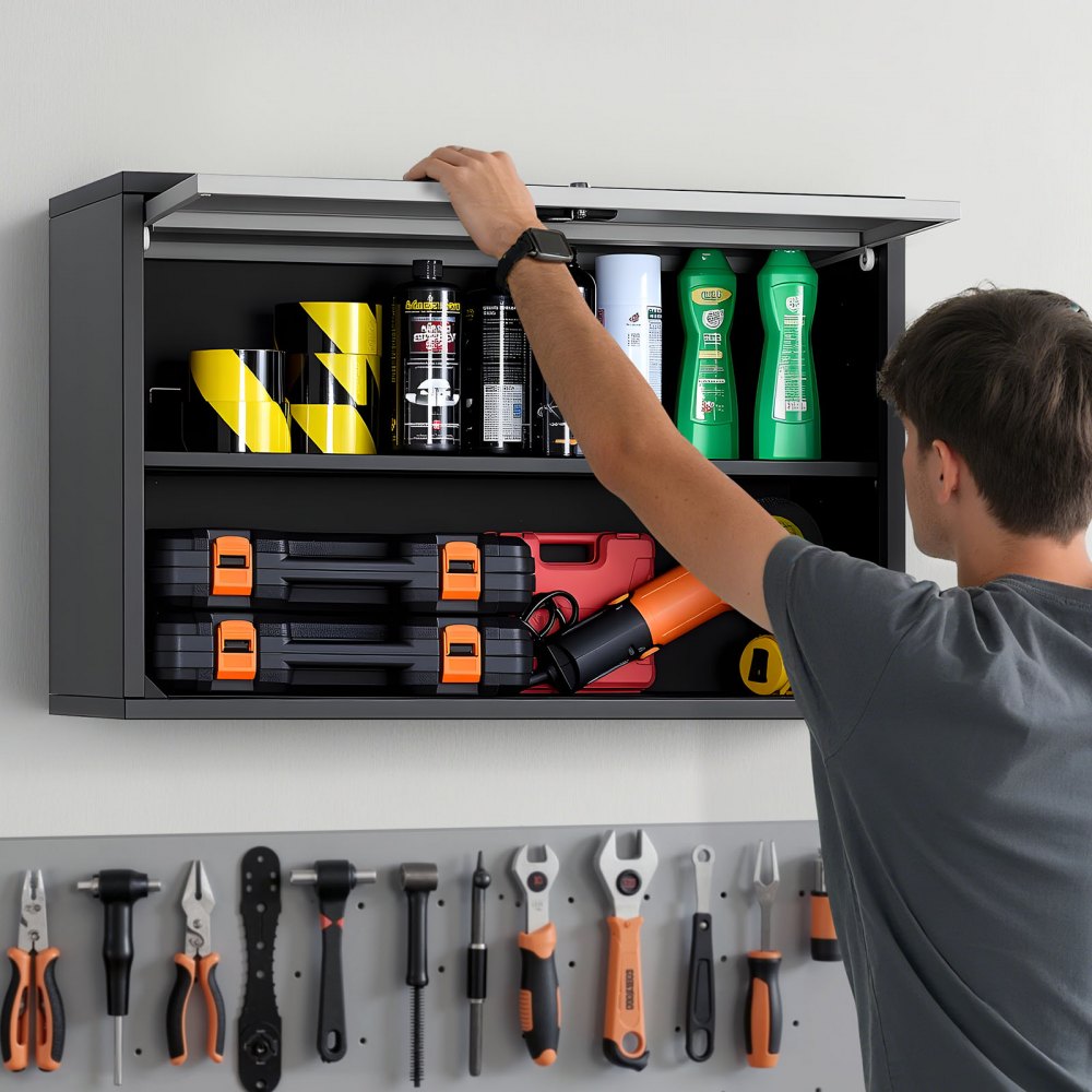 VEVOR Metal Wall Cabinet, 27.56W x 12.01D x 19.69H Inch, Floating Garage Tool Cabinet with Up-Flip Door and Shelf, 240