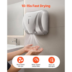 VEVOR Hand Dryer, 2 Pack 1800W Bathroom Air Hand Dryer, Automatic High Speed with HEPA Filter, Fast Drying, Brushed