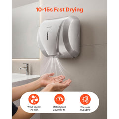 VEVOR Hand Dryer, 1800W Bathroom Air Hand Dryer, Automatic High Speed with HEPA Filter, Fast Drying, Heavy Duty Brushed