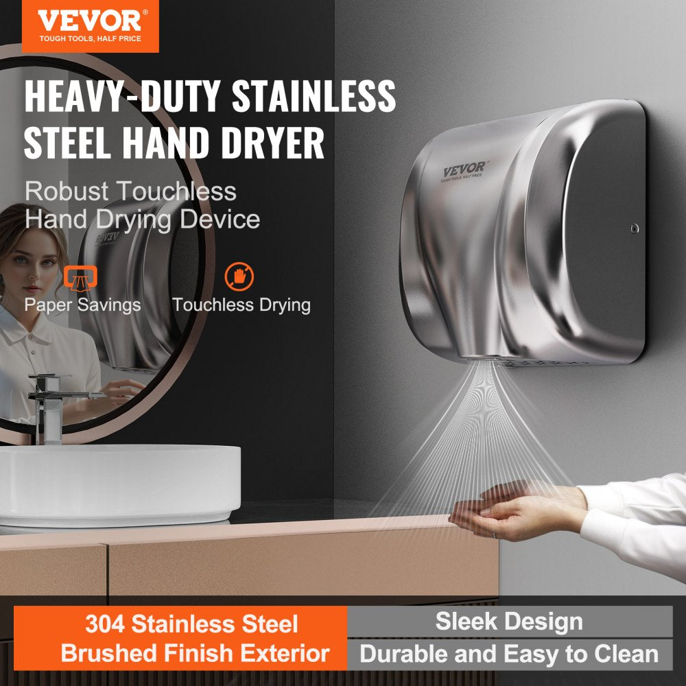 VEVOR Heavy Duty Commercial Hand Dryer, 1300W Automatic High Speed Stainless Steel Warm Wind Hand Blower, 120V Plug