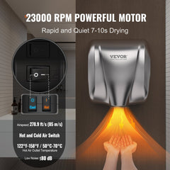 VEVOR Heavy Duty Commercial Hand Dryer, 1300W Automatic High Speed Stainless Steel Warm Wind Hand Blower, 120V Plug