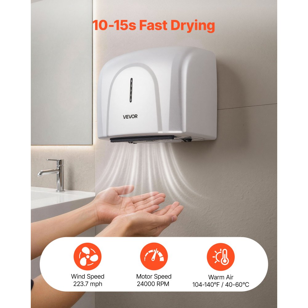 VEVOR Hand Dryer, 1300W Bathroom Air Hand Dryer, Automatic High Speed with HEPA Filter, Fast Drying, Premium ABS