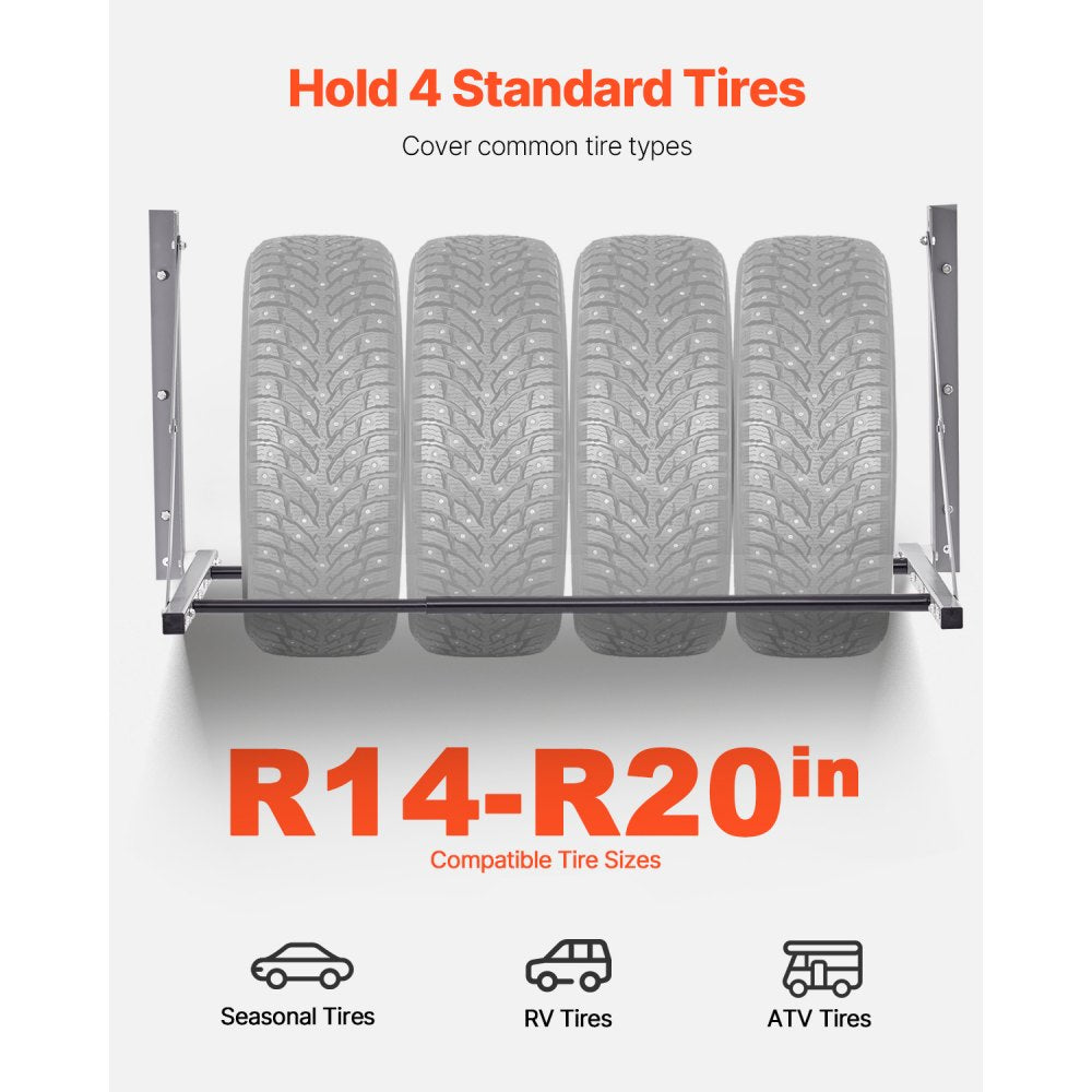 VEVOR Wall Mounted Folding Tire Rack, 32" - 48" Adjustable Tire Rack, Q235 Heavy-Duty Steel Tire Storage Rack for