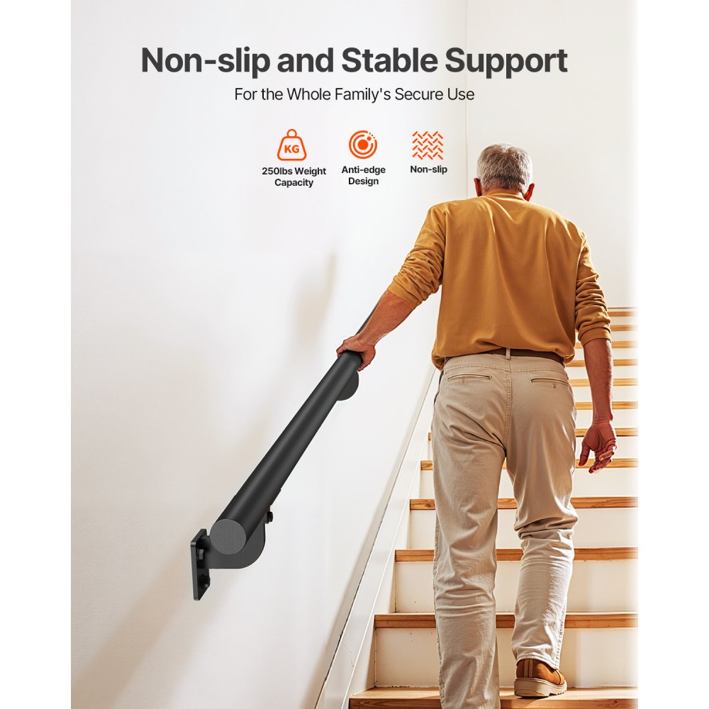 VEVOR Wall Mounted Stair Handrail, 6ft Pipe Staircase Handrail, Black Galvanized Aluminum, 1.26 inch Pipe Diameter