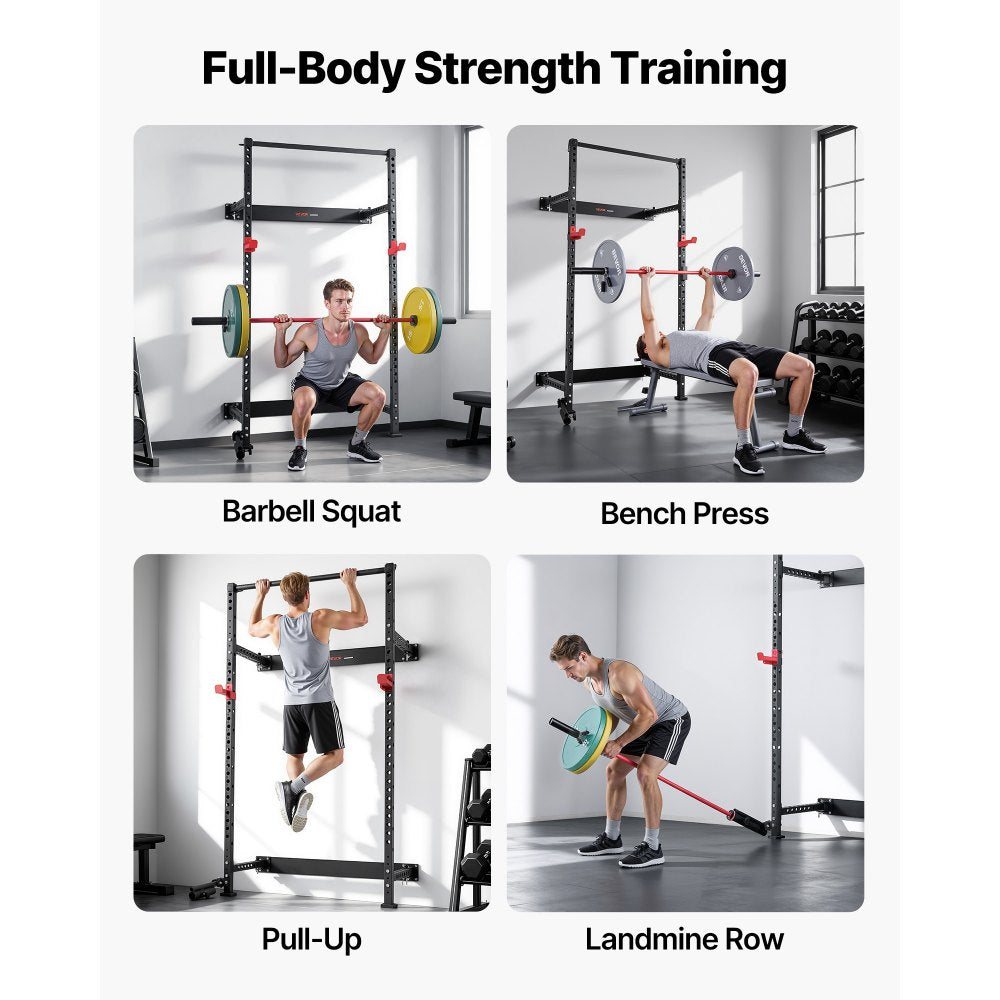 VEVOR Folding Power Cage, Wall-Mounted Power Rack Squat Rack, Multifunctional Strength Training Workout Equipment with