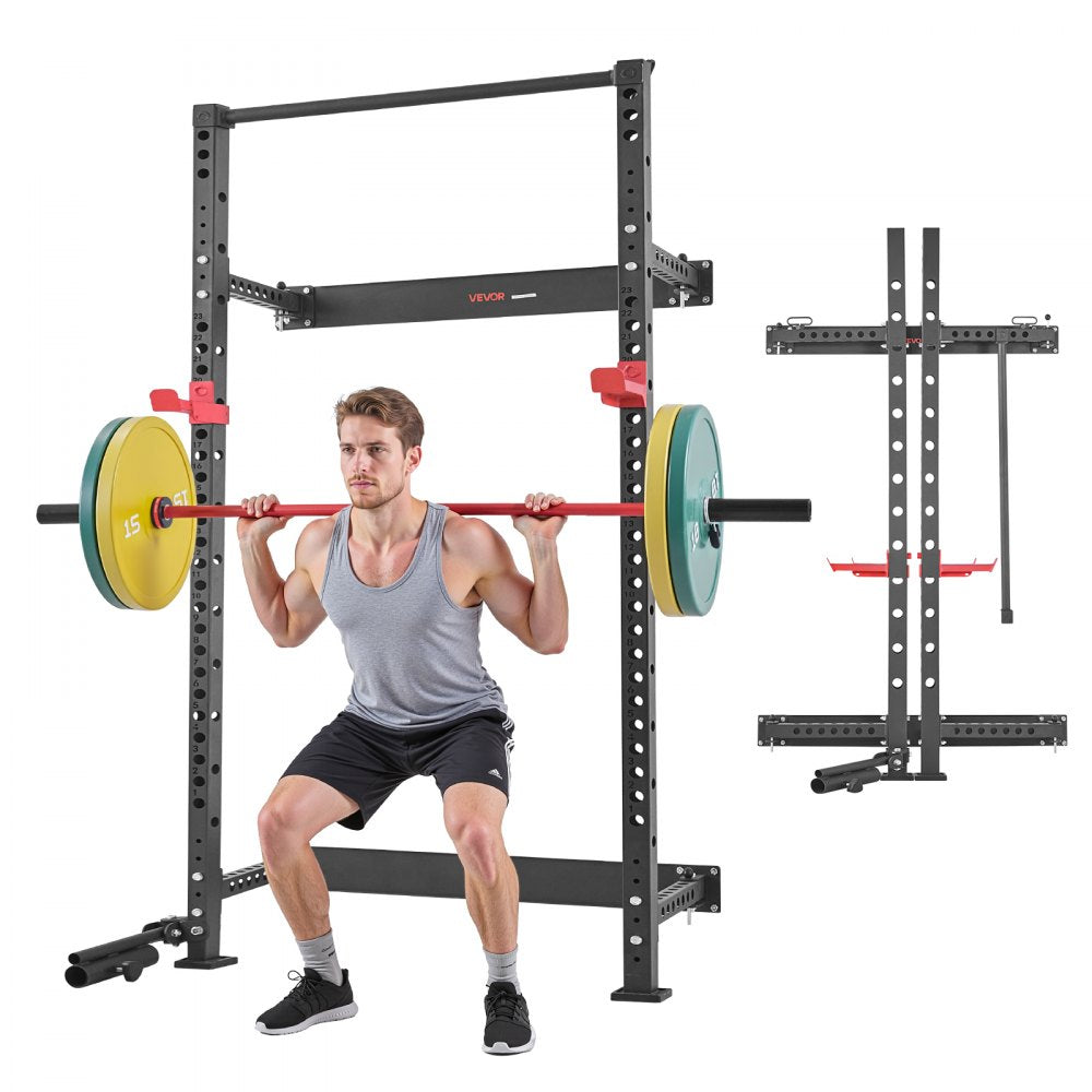 VEVOR Folding Power Cage, Wall-Mounted Power Rack Squat Rack, Multifunctional Strength Training Workout Equipment with