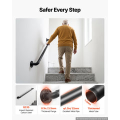 VEVOR Wall-Mounted Stair Handrail, 2 ft 440 lbs Load Black Metal Railing, for Indoor Steps, Loft, Porch & Hallways