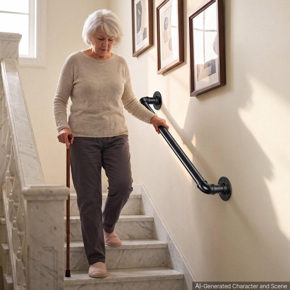 VEVOR Wall-Mounted Stair Handrail, 2 ft 440 lbs Load Black Metal Railing, for Indoor Steps, Loft, Porch & Hallways