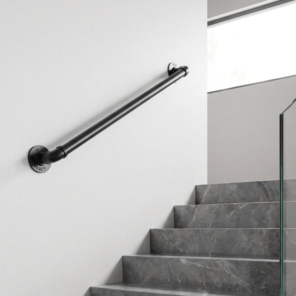 VEVOR Wall-Mounted Stair Handrail, 2 ft 440 lbs Load Black Metal Railing, for Indoor Steps, Loft, Porch & Hallways