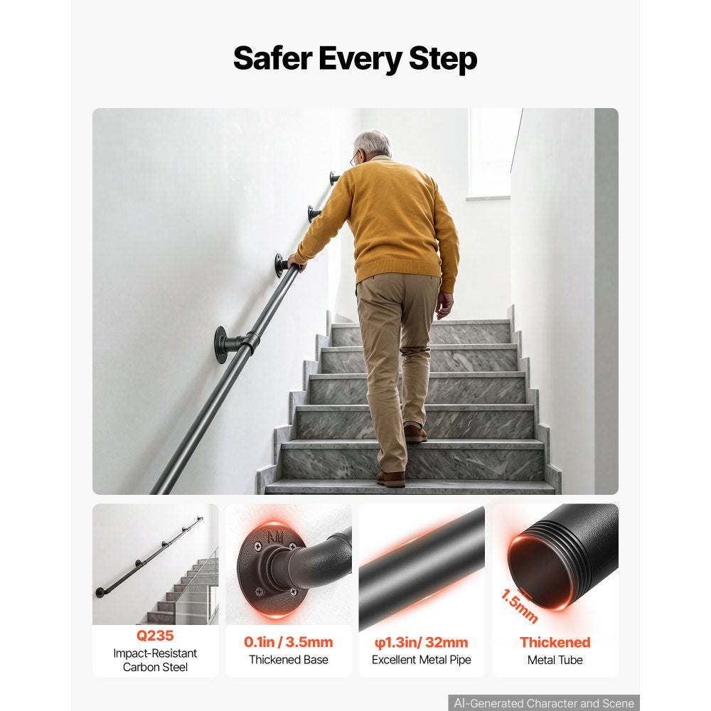 VEVOR Wall-Mounted Stair Handrail, 12 ft 440 lbs Load Black Metal Railing, for Indoor Steps, Loft, Porch & Hallways