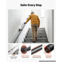 VEVOR Wall-Mounted Stair Handrail, 12 ft 440 lbs Load Black Metal Railing, for Indoor Steps, Loft, Porch & Hallways