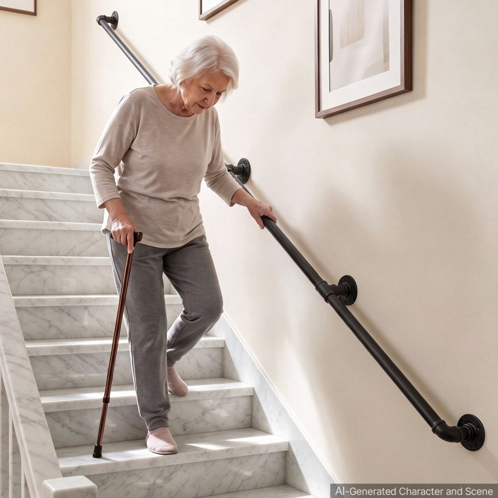 VEVOR Wall-Mounted Stair Handrail, 12 ft 440 lbs Load Black Metal Railing, for Indoor Steps, Loft, Porch & Hallways