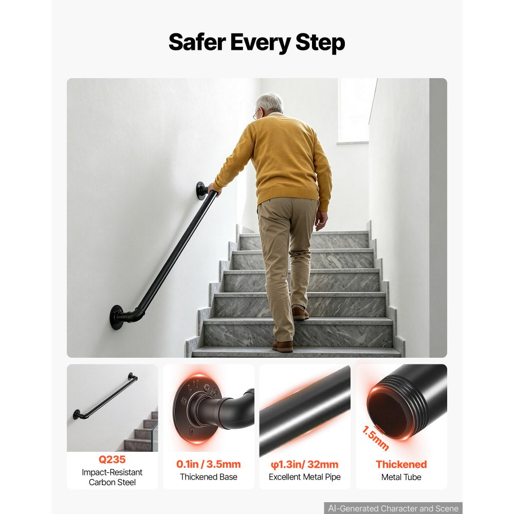 VEVOR Wall-Mounted Stair Handrail, 3 ft 440 lbs Load Black Metal Railing, for Indoor Steps, Loft, Porch & Hallways