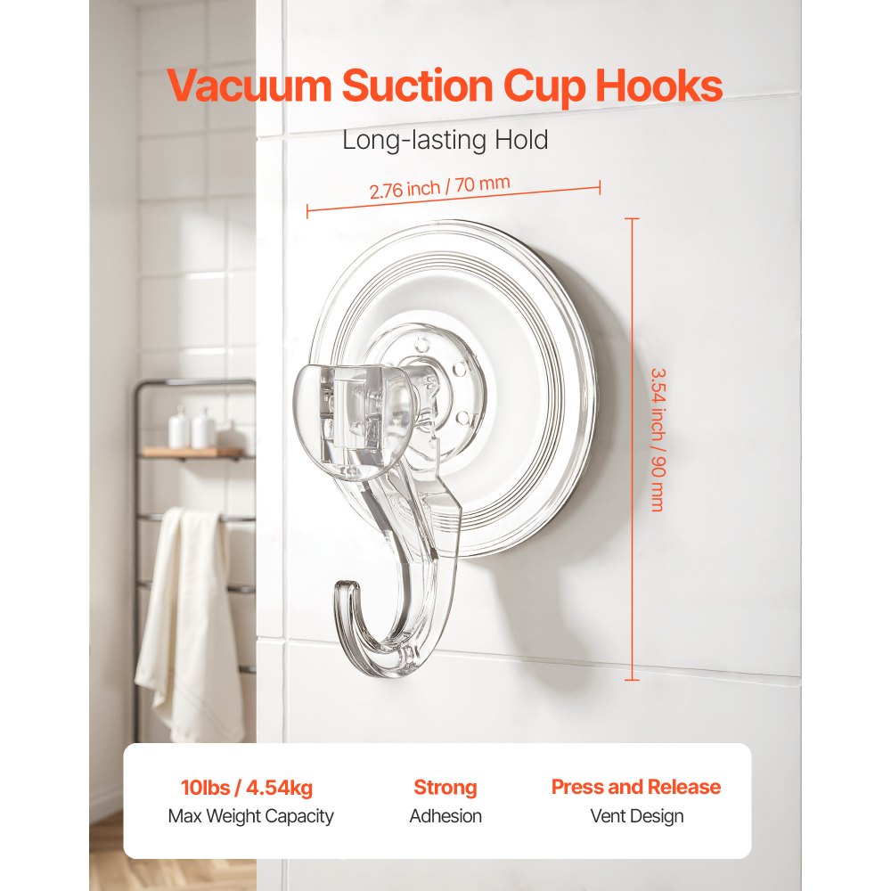VEVOR Suction Cup Hooks 6 Pack, 2.76 x 3.54 x 1.57 inch, 10 LBS Max Load Clear Shower Suction Cups, Strong and Reusable