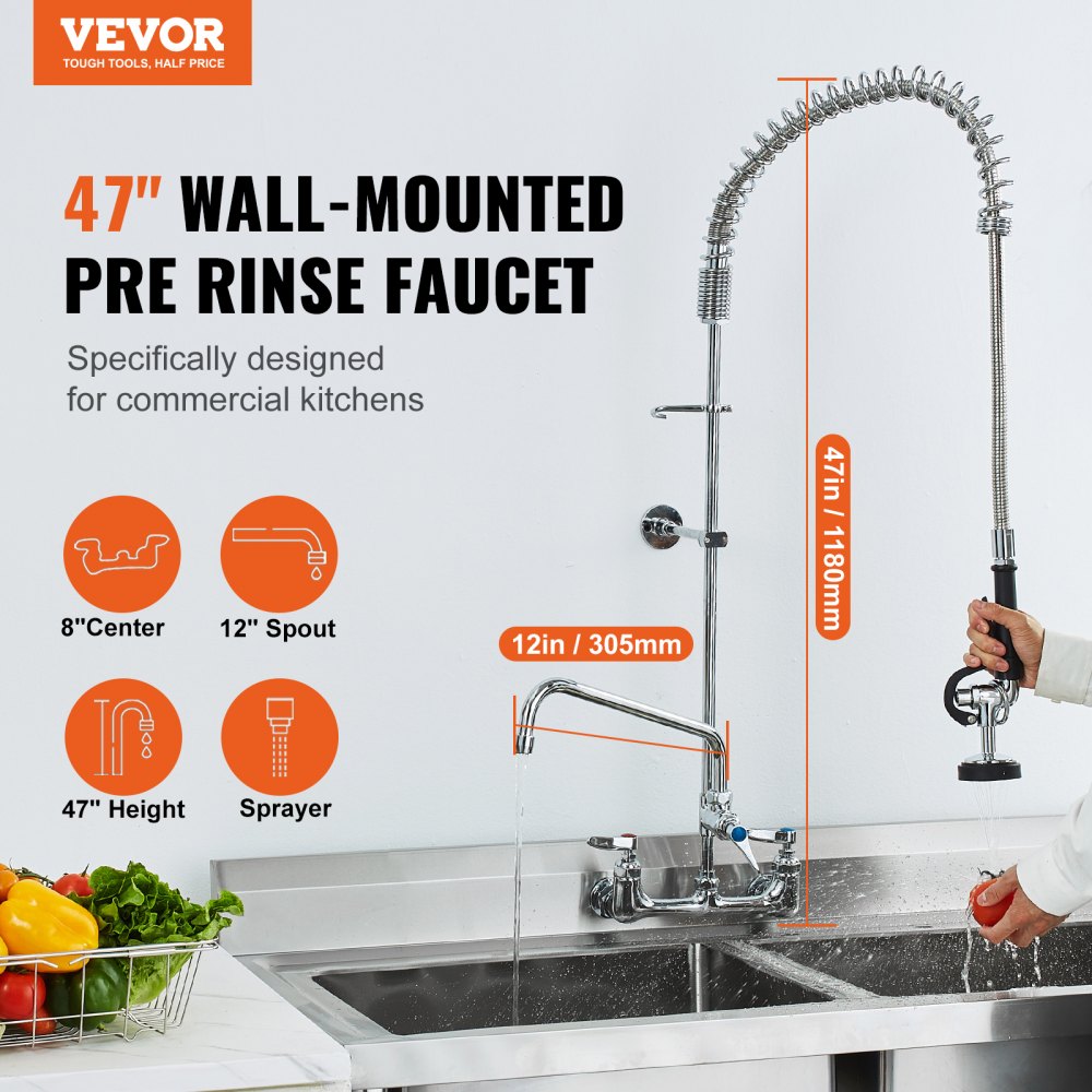 VEVOR Wall-Mounted Kitchen Faucet, 47" Tall, 8" Apart, with 12" Rotating Spout and Pre-Rinse Spray, Brass Build