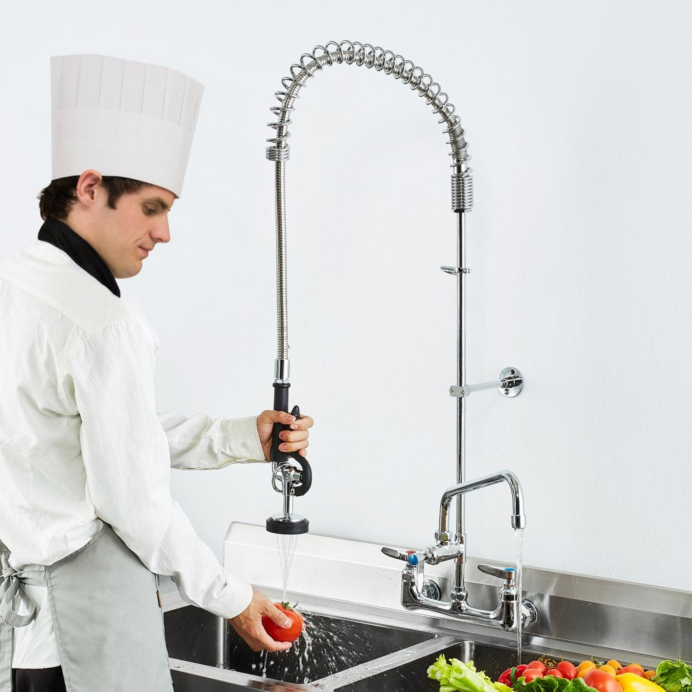 VEVOR Wall-Mounted Kitchen Faucet, 47" Tall, 8" Apart, with 12" Rotating Spout and Pre-Rinse Spray, Brass Build
