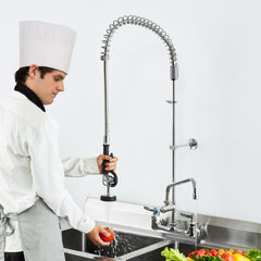 VEVOR Wall-Mounted Kitchen Faucet, 47" Tall, 8" Apart, with 12" Rotating Spout and Pre-Rinse Spray, Brass Build