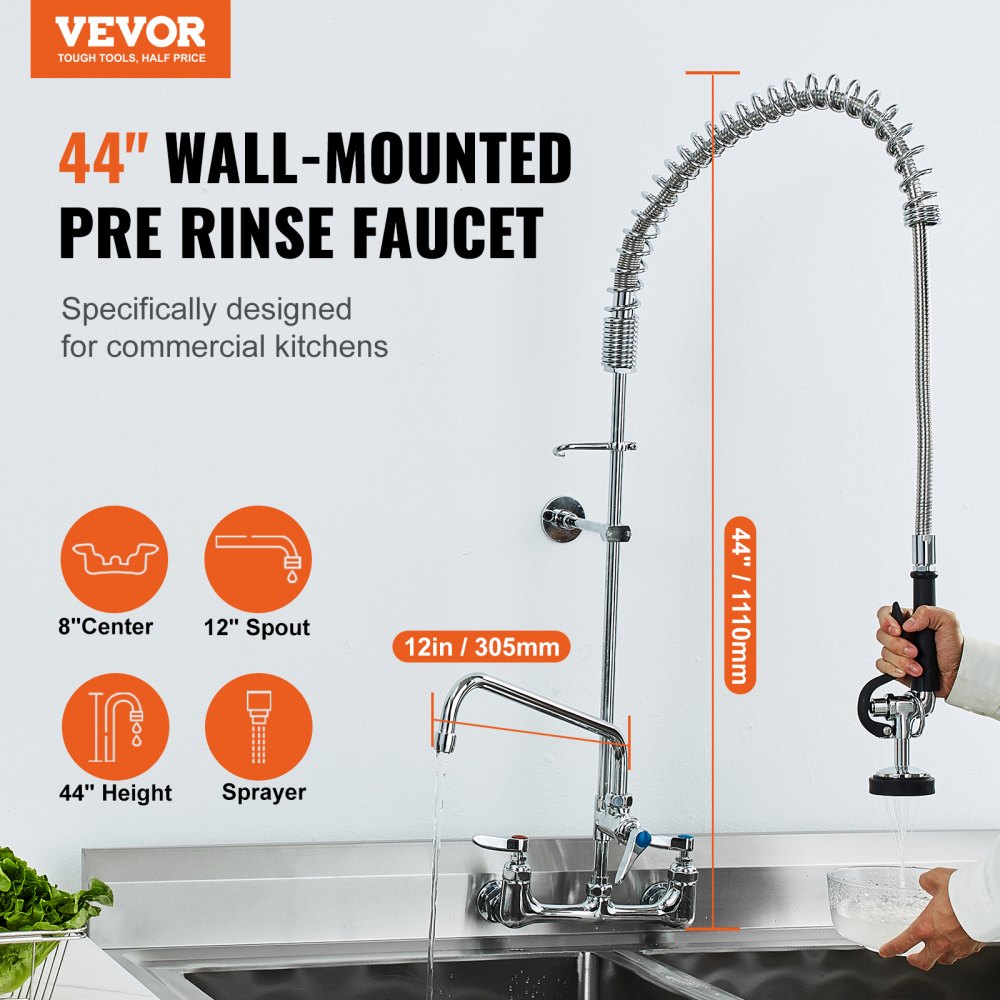 VEVOR Industrial Sink Faucet, 44" Tall, 8" Apart, 12" Rotating Spout, Wall Mounted, Brass Made with Extendable Sprayer