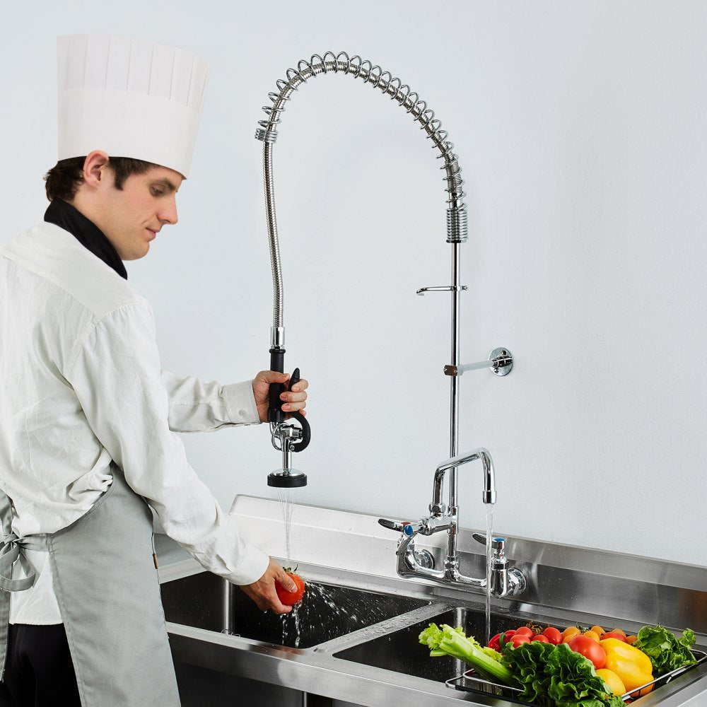 VEVOR Industrial Sink Faucet, 44" Tall, 8" Apart, 12" Rotating Spout, Wall Mounted, Brass Made with Extendable Sprayer